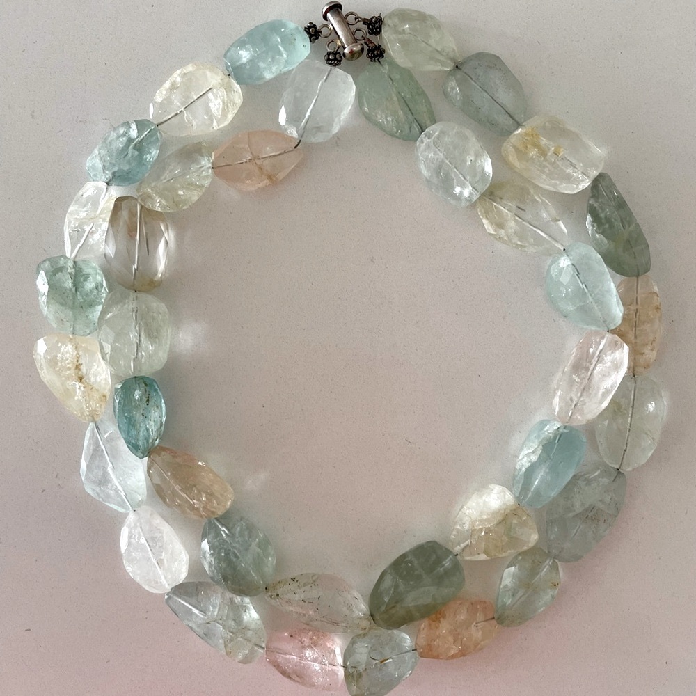 Multi Shade Green & Smoky Clear Faceted Quartz Necklace w/ Sterling Silver Clasp